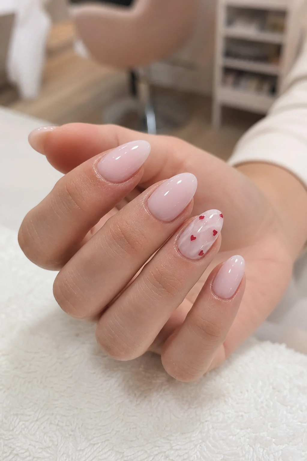Manucure rose pale avec ongles gel et accent nail coeur en institut près de Poitiers Manucure rose pale avec ongles gel et accent nail coeur en institut près de Poitiers
